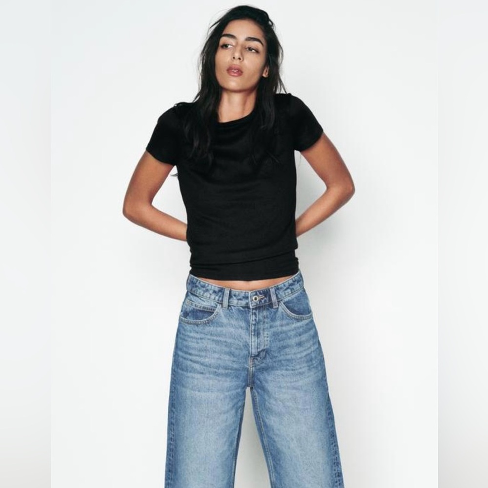 Zara SHORT SLEEVE RIB TOP BLACK SIZE MEDIUM NWT